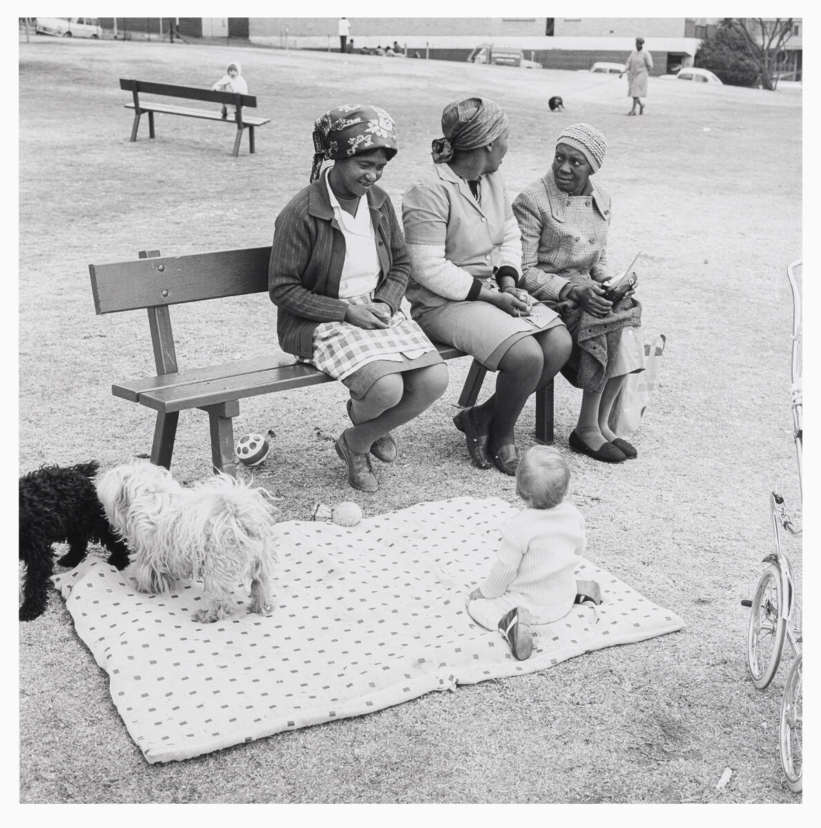 Sorthvitt bilde av tre kvinner på en benk i en park. Foran de på et teppe er to hunder og en baby